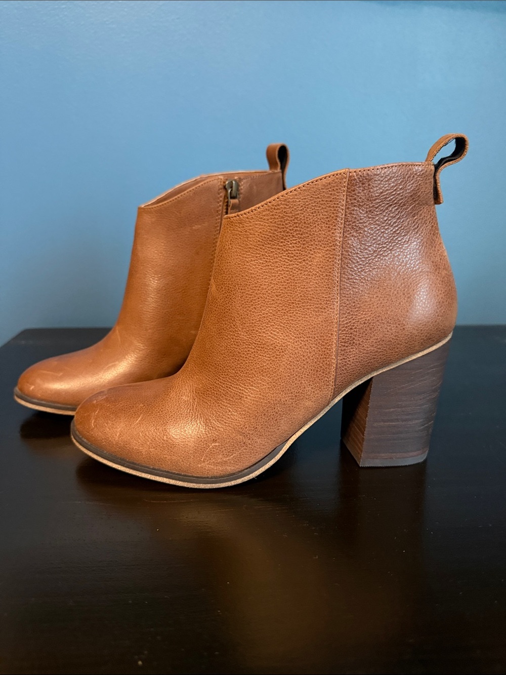 bp Cognac Brown Leather Ankle Booties with Block Heel